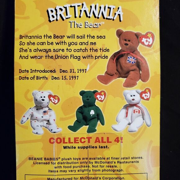 Ty Beanie Baby Britannia The Bear 1997 Retired PVC Pellets 4th Gen McDonalds - Picture 8 of 9